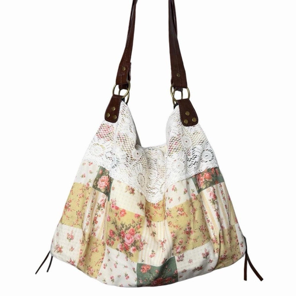 Boho Floral Patchwork Lace Cream Tote Bag Cottagecore Festival Indie Western Y2K - Picture 3 of 6